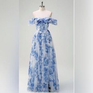 White Blue Flower A-Line Off the Shoulder Ruched Corset Maxi Dress with Slit 22
